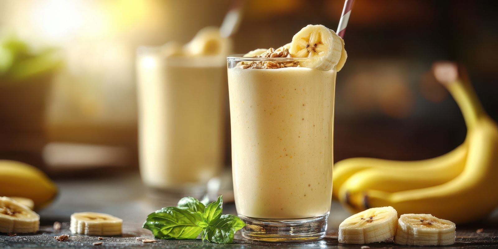 Creamy banana smoothie served in glass with banana slices and mint leaves on a wooden table